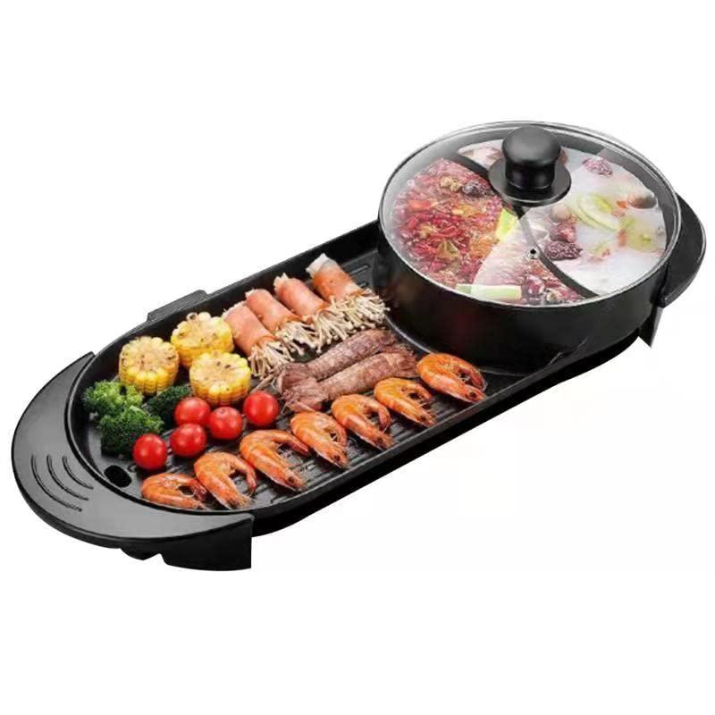 Hot pot with Grill 2 in 1 Electric BBQ Grill Shabupot 2200W Non-Stick Korean Barbecue Grill Indoor for 2-12 People Independent Dual Temperature Control 110V(27 Inch) - CookCave