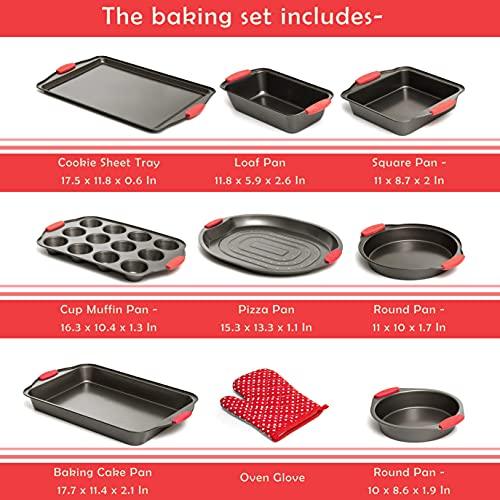 Moss & Stone 9 Piece Baking Pans Set, Oven Safe Baking Sheet Set Carbon Steel Non-Stick PTFE Coating, Bakeware Set With Heat Red Silicone Handles, Black Baking Trays For Oven - CookCave