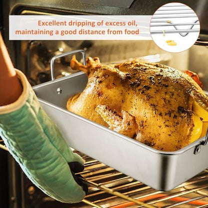 Leonyo Roasting Pan with Rack, 14 Inch Turkey Roasting Pan & Cooling Rack, Stainless Steel Baking Pans Non Stick Roaster Pan with Wire Rack for Cooking Ham, Chicken, Cake, Lasagna, Casserole - CookCave