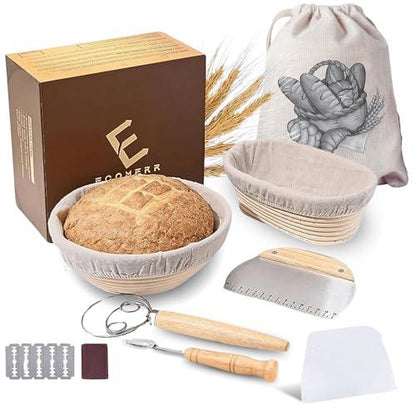 ECOMERR 9” Banneton Bread Proofing Basket - Set of 2 Round & Oval Rattan Proofing Baskets for Sourdough Bread Baking with Bread Lame + Steel & Plastic Dough Scraper + Linen Liner Cloth + Dough Whisk - CookCave