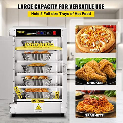 VEVOR Hot Box Food Warmer, 19"x19"x29" Concession Warmer with Water Tray, Five Disposable Catering Pans, Countertop Pizza, Patty, Pastry, Empanada, Concession Hot Food Holding Case, 110V UL Listed - CookCave