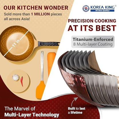 KOREA KING Premium Non Stick Frying Wok Pan Hybrid, Titanium-Coated Nonstick Lid-Free Wok, Induction Cookware Compatible, Egg Omelet, Deep Stir Fry Saute Pans - All in One Pan For Cooking - 11 inch - CookCave