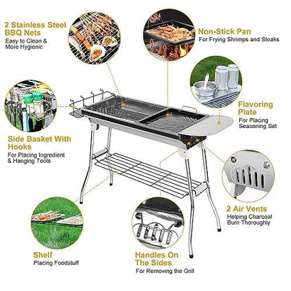 TeqHome Portable Charcoal Grill, Upgraded Folding Large Barbecue Charcoal Grill W/Board Shelf & Flavoring Storage Basket, Stainless Steel Frame, for 8 People Picnic Garden Terrace Camping Travel Use - CookCave