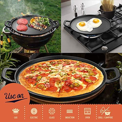 Legend Cast iron Pizza Pan | 14” Steel Pizza Cooker with Easy Grip Handles | Deep Stone for Oven or Griddle for Gas, Induction, Grilling | Lightly Pre-Seasoned Cookware Gets Better with Use - CookCave