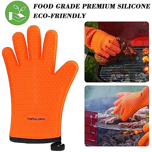 Silicone Gloves Oven Mitts Heat Resistant BBQ Smoker Grill Gloves Handle Hot Food Pulled Pork Gloves for Cooking Baking Grilling Barbecue Potholder Five Finger Gloves with Inner Cotton Layer - Orange - CookCave