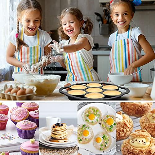 SUNSHNO Cast Iron Biscuit Pan Mini Cake Pan with Handles, Pre-Seasoned Baking Set 7 Cake Baking Tray Maker Pan for Biscuits, Bake Muffins, Cornbread and Scones, Include special steel fork and brush - CookCave