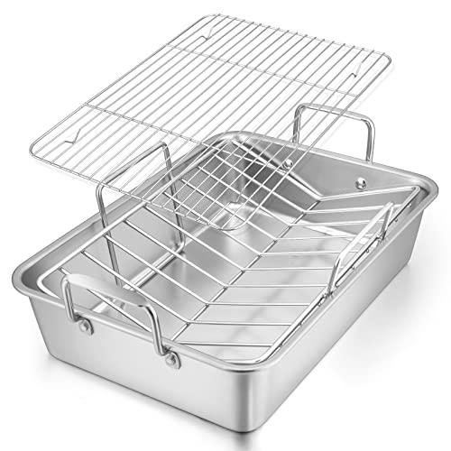 Roasting Pan, E-far 16 x 11.5 Inch Stainless steel Turkey Roaster with Rack - Deep Broiling Pan & V-shaped Rack & Flat Rack, Non-toxic & Heavy Duty, Easy Clean & Dishwasher Safe - Large - CookCave