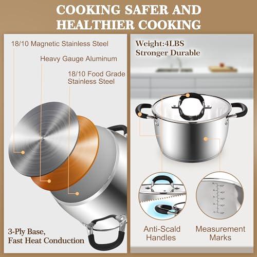 AOSION 6 Quart Stainless Steel Stockpot, All-In-One 6QT Stock Pot, Soup Pasta Pot with Lid, Cooking Pot, Induction Pot, Sauce Pot Compatible with All Stoves, Heat-Proof Double Handles, Dishwasher Safe - CookCave