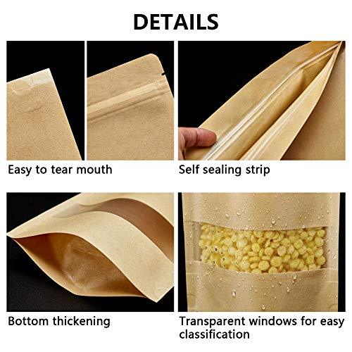 100 Pcs Resealable bags,3.5" x 5.5" Stand Up Kraft Paper Bags with Matte Window, Zip Lock Food Storage Bags for Packaging Products, Reusable, Sealable - CookCave