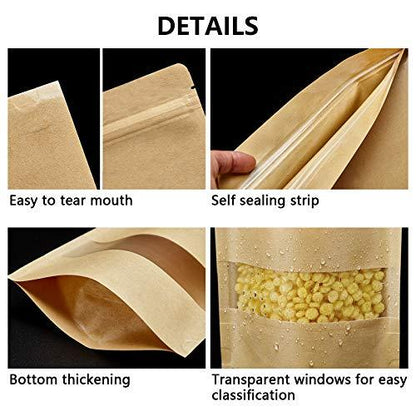 100 Pcs Resealable bags,3.5" x 5.5" Stand Up Kraft Paper Bags with Matte Window, Zip Lock Food Storage Bags for Packaging Products, Reusable, Sealable - CookCave