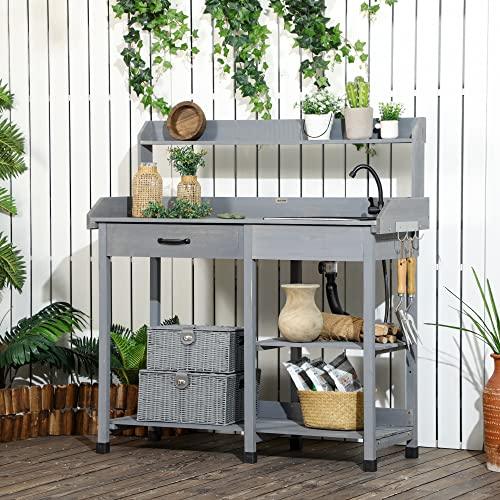 Outsunny Potting Bench Table, Includes Removable Outdoor Sink Station with Hose Hook Up, Wooden Work Station with Faucet, Drawer, Shelves, Hooks, Gray - CookCave