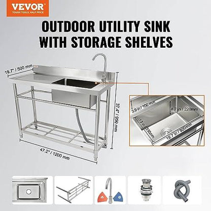 VEVOR Stainless Steel Utility Sink, 1 Compartment Free Standing Small Sink w/Workbench Faucet & legs, 47.2 x 19.7 x 37.4 in Commercial Single Bowl Sinks for Garage, Restaurant, Laundry, NSF Certified - CookCave