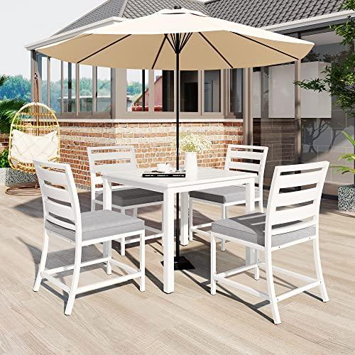 EMKK 5-Piece Indoor Outdoor Wicker Dining Set Furniture for Patio, Backyard w/Square Glass Tabletop, Umbrella Cutout, 4 Chairs, H-White - CookCave