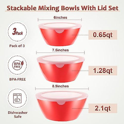 Wehome Mixing Bowls with Lids Set，Plastic Mixing Bowls for Kitchen Preparing，Serving and Storing，Set of 3-Includes 3 Bowls and 3 Lids，BPA-FREE Neat Nesting Bowls with Sealing Lids (Red) - CookCave