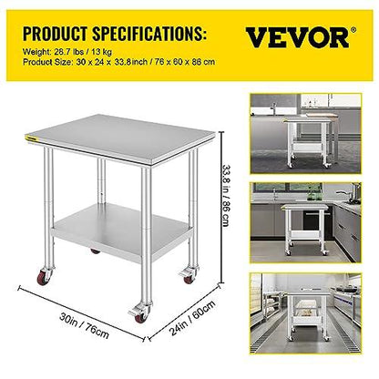 Mophorn Stainless Steel Work Table with Wheels 24 x 30 x 32 Inch Prep Table with 4 Casters Heavy Duty Work Table for Commercial Kitchen Restaurant Business - CookCave