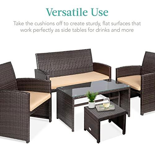 Best Choice Products Set of 2 Wicker Ottomans, Multipurpose Outdoor Furniture for Patio, Backyard, Additional Seating, Footrest, Side Table w/Removable Cushions, Steel Frame - Brown/Beige - CookCave