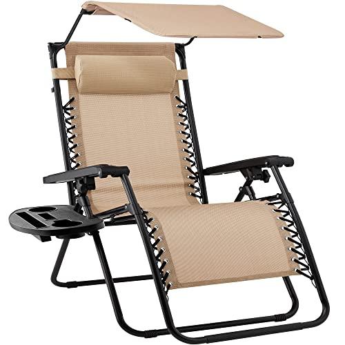 Best Choice Products Folding Zero Gravity Outdoor Recliner Patio Lounge Chair w/Adjustable Canopy Shade, Headrest, Side Accessory Tray, Textilene Mesh - Beige - CookCave