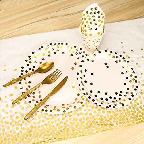 176 Pieces Gold Disposable Party Dinnerware Set &Golden Dot Disposable Party Dinnerware - Black Paper Plates Napkins Cups, Gold Plastic Forks Knives Spoons - CookCave