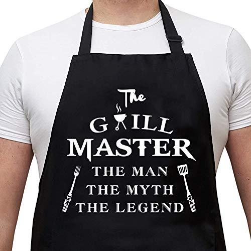 Rosoz Funny Aprons for Men - The Grill Master, The Man The Myth The Legend - Cooking Grilling BBQ Chef Apron for a Husband, Dad Gifts, Waterproof Oil Proof Black Apron with 2 Pockets - CookCave