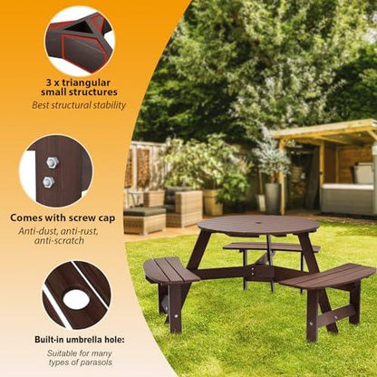 ROOMTEC 6 Person Wooden Picnic Benches, Outdoor Round Table with Umbrella Hold Design for Patio, Backyard, Garden, Adults and Kids, 1720lb Capacity, Brown - CookCave