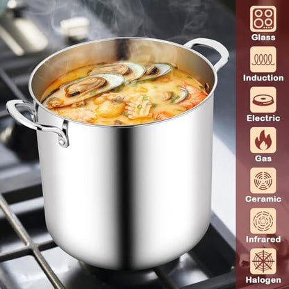 TeamFar 12 Quart Stock Pot, Stainless Steel Tri-ply Stockpot Large Pasta Soup Cooking Pot with Clear Lid, for Induction Gas Electric Ceramic, Healthy & Heavy Duty, Solid Handles & Dishwasher Safe - CookCave