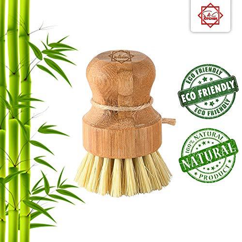 Dish Scrub Brush Bamboo - S&C Kitchen, Cleans Pan/Vegetable/Dishes/Wok, Bamboo Scrub Brush for Kitchen/Bathroom, Made Out of Palm & Sisal Bristles with a Handle, Vegetable Brush for Cleaning, Set of 2 - CookCave