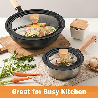 Wadaza Universal Lid for Pots and Pans - Tempered Glass Pan Lid with Wooden Knob, Dishwasher Safe Pot Lid, Fits 7, 8, 8.5 Inch Frying Pan Wok Skillet Cookware - CookCave