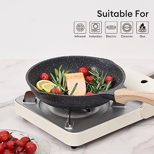 JEETEE Nonstick Pan, Nonstick Stone Frying Pan, Nonstick Omelette Skillet with Soft Touch Handle, 3-Piece Cookware Set Induction Compatible -8 Inch-9.5 Inch-11 Inch, Grey - CookCave