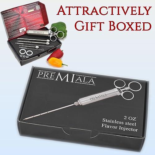 Premiala Awesome 304-Stainless Steel Meat Injector Syringe Kit - 3 Needles, Spare O-rings, E-book and Spares Available! The Original 2oz Marinade Injector Creates The Juiciest Turkey and BBQ Ever! - CookCave