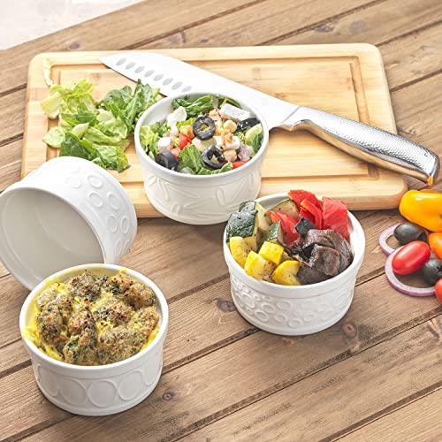 JoyJolt Small Ramekins 4 oz Oven Safe Bowls. White Embossed Porcelain Ceramic Ramekin Set of 4. Creme Brulee Ramekins, Souffle Cups, Custard Cups, Charcuterie Bowls, Sauce Cups, Gratin Ramiken - CookCave