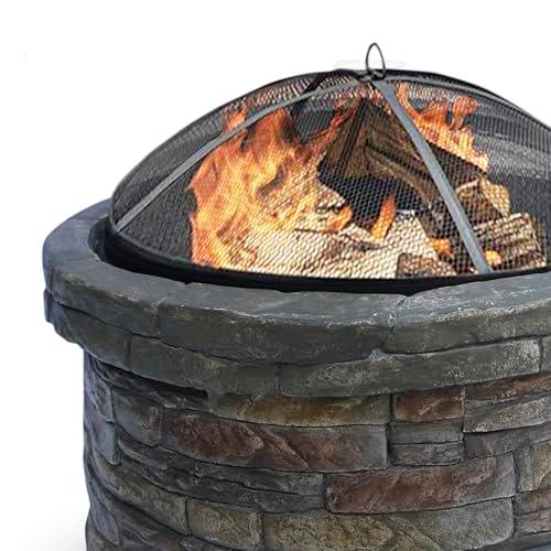 Teamson Home Round Stone Look Steel Outdoor Fire Pit Outside Wood Burning Firepit Bonfire with Spark Screen, Firebowl, Poker, Charcoal Grill for Patio Garden Backyard BBQ, 27 Inch, Dark Gray/Brown - CookCave