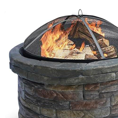 Teamson Home Round Stone Look Steel Outdoor Fire Pit Outside Wood Burning Firepit Bonfire with Spark Screen, Firebowl, Poker, Charcoal Grill for Patio Garden Backyard BBQ, 27 Inch, Dark Gray/Brown - CookCave