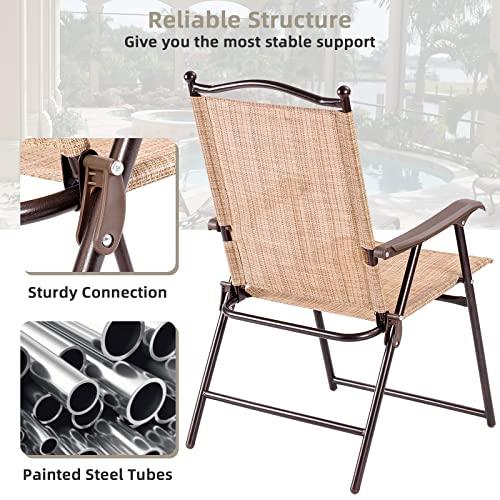 Tangkula Set of 2 Patio Folding Dining Chairs, Outdoor Sling Lawn Chairs with Armrests, Steel Frame, Portable Camping Lounge Chairs for Backyard, Deck, Poolside and Garden, No Assembly (Beige) - CookCave