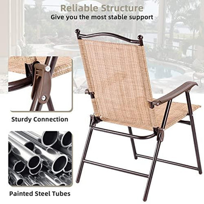 Tangkula Set of 2 Patio Folding Dining Chairs, Outdoor Sling Lawn Chairs with Armrests, Steel Frame, Portable Camping Lounge Chairs for Backyard, Deck, Poolside and Garden, No Assembly (Beige) - CookCave