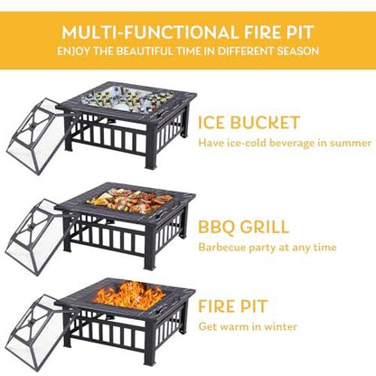 32" Square Outdoor Fire Pit Table Multiuse Patio BBQ Firepit with Steel Fire Poker and Cover for Camping, Outdoor Heating, Outside Wood Burning and Picnic, Black - CookCave