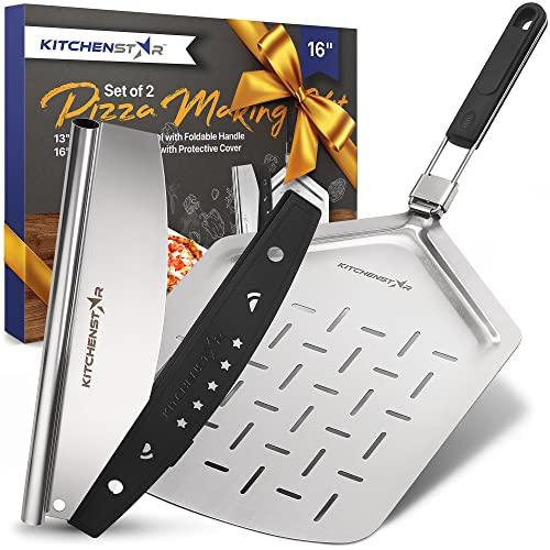 16" Pizza Making Kit by kitchenStar (Set of 2) - Pizza Cutter Rocker Knife with Blade Cover (16 inch) + Stainless Steel Pizza Peel with Folding Handle (13 inch) - Ultimate Pizza Oven Accessories - CookCave