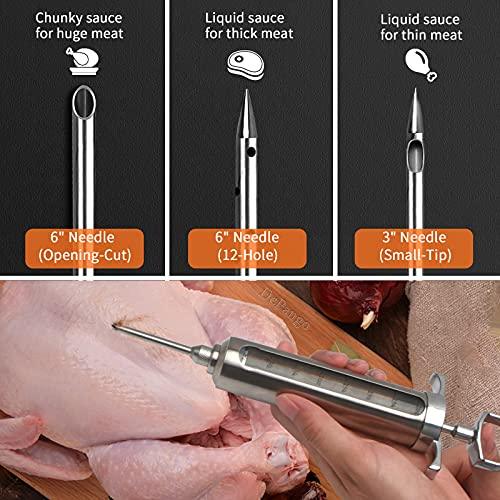 DePango Meat Injector, Stainless Steel Marinade Injector Flavor Syringe Kit with 2-oz Measurement Window for Smoker Food BBQ Grill, Cooking Turkey Chicken Steak Beef Brisket Pork-Chops, 3 Meat Needles - CookCave