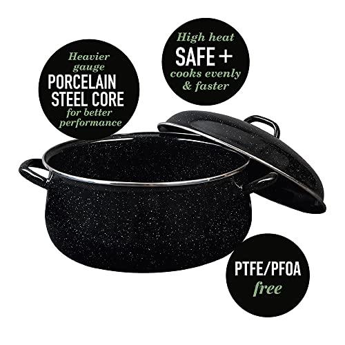 Granite Ware 9.5 Qt Heavy Gauge Dutch Oven with Lid. (Speckled Black) Enamelware. Stainless Steel. Suitable for Cooktops, Oven to Table. Dishwasher Safe. - CookCave