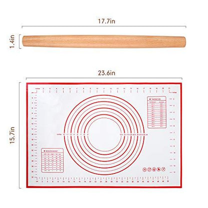 Wood French Rolling Pin for Baking, QUELLANCE Wooden Dough Roller with Silicone Baking Mat, Beech Wood Rolling Pins for Baking Dough, Pizza, Pie, Pastries, Pasta and Cookies,Red Pastry Mat - CookCave