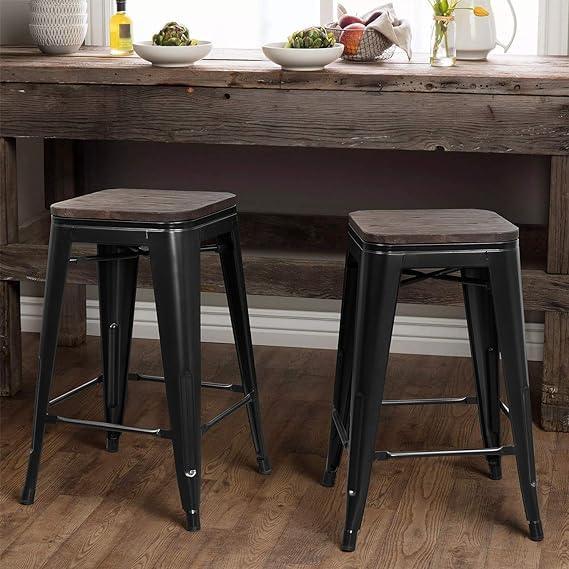 YOUNIKE Metal Bar Stools Set of 4 Counter Height Barstool Backless Stackable 24 Inches Wooden Seat Heavy-Duty Modern Bar Chairs Patio Home Kitchen Dining Indoor Outdoor (Black) - CookCave
