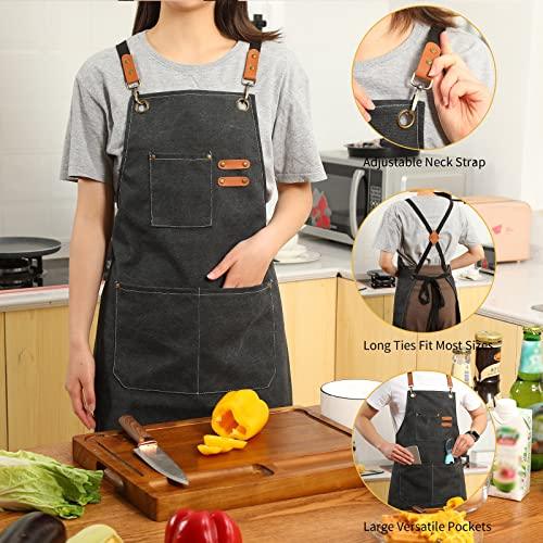 Tosewever Canvas Cross Back Chef Apron for Men Women with Adjustable Straps Large Pockets, Waterdrop Kitchen Heavy Duty Cotton Aprons for Tool Cooking BBQ Artist, M to XXL (Black) - CookCave