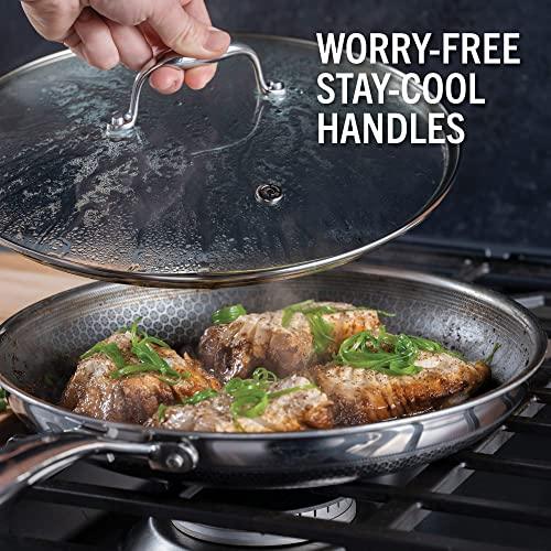 HexClad Hybrid Nonstick 12-Inch Fry Pan with Tempered Glass Lid, Stay-Cool Handle, Dishwasher and Oven Safe, Induction Ready, Compatible with All Cooktops - CookCave