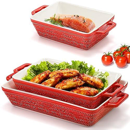 Hacaroa 3 Pack Ceramic Baking Dishes, Rectangular Bakeware with Handles, Elegant Casserole Dish Set Lasagna Pan, Baking Pans Set for Oven, Cooking, Banquet and Daily Use, Red, 3 Sizes - CookCave