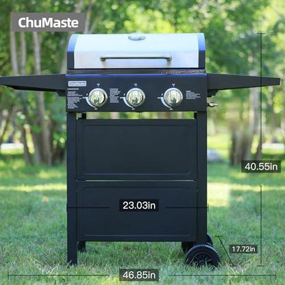 ChuMaste 3-Burner Propane Grill, Gas Grill, 30000 BTU barbecue grill with Foldable Rack (Reversible Table) - CookCave