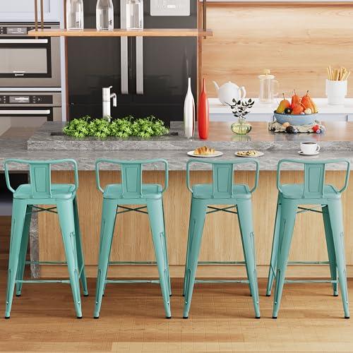 Alunaune 24" Metal Bar Stools Set of 4 Industrial Counter Height Stools Kitchen Bar Chairs Indoor Outdoor Counter Stool-Low Back, Distressed Blue - CookCave