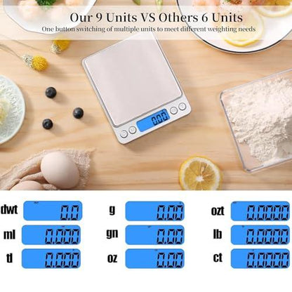 MEIYA Digital Gram Scale 1000g/0.01g, Scale for Food Ounces and Grams, Upgrade USB Charging Kitchen Scale Digital Weight for Cooking, Baking, Tare Function, 9 Units, 2 Tray - CookCave