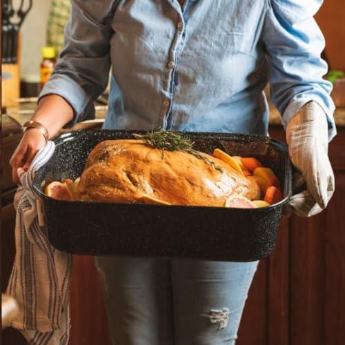 Granite Ware 21 in Oven Rectangular Roaster with lid. (Speckled Black) - Accommodates up to 25 lb poultry or roast. - CookCave