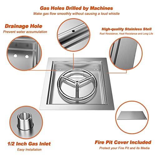 Skyflame 12 inch Square Stainless Steel Drop in Fire Pit Burner Pan with Burner Ring and Protective Cover, Outdoor DIY Firepit Kit for Both Natural Gas and Liquid Propane - CookCave