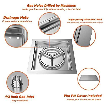 Skyflame 12 inch Square Stainless Steel Drop in Fire Pit Burner Pan with Burner Ring and Protective Cover, Outdoor DIY Firepit Kit for Both Natural Gas and Liquid Propane - CookCave