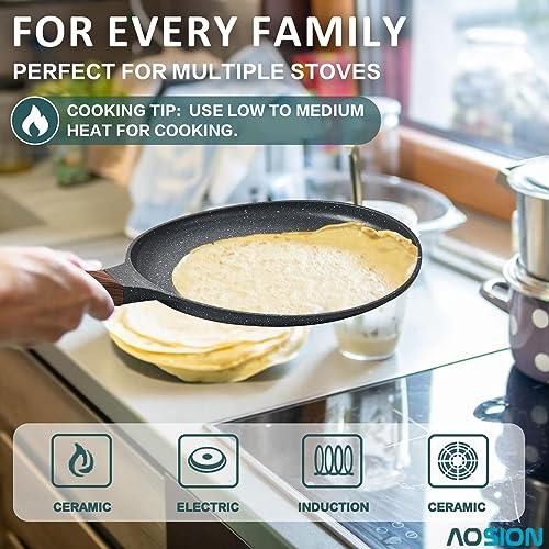 AOSION Crepe Pan Nonstick Dosa Tawa Pan,11 inch Flat Pan,Skillet Pan,Cast Aluminum Tortilla Pan for Pancake Omelette Steak Frying Egg with Ergonmic Handle,For All Stoves - CookCave